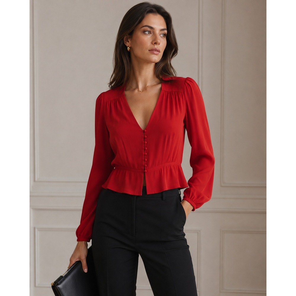Intermix Silk Peplum Blouse Women S Red V-Neck Button Front Long Sleeve Romantic